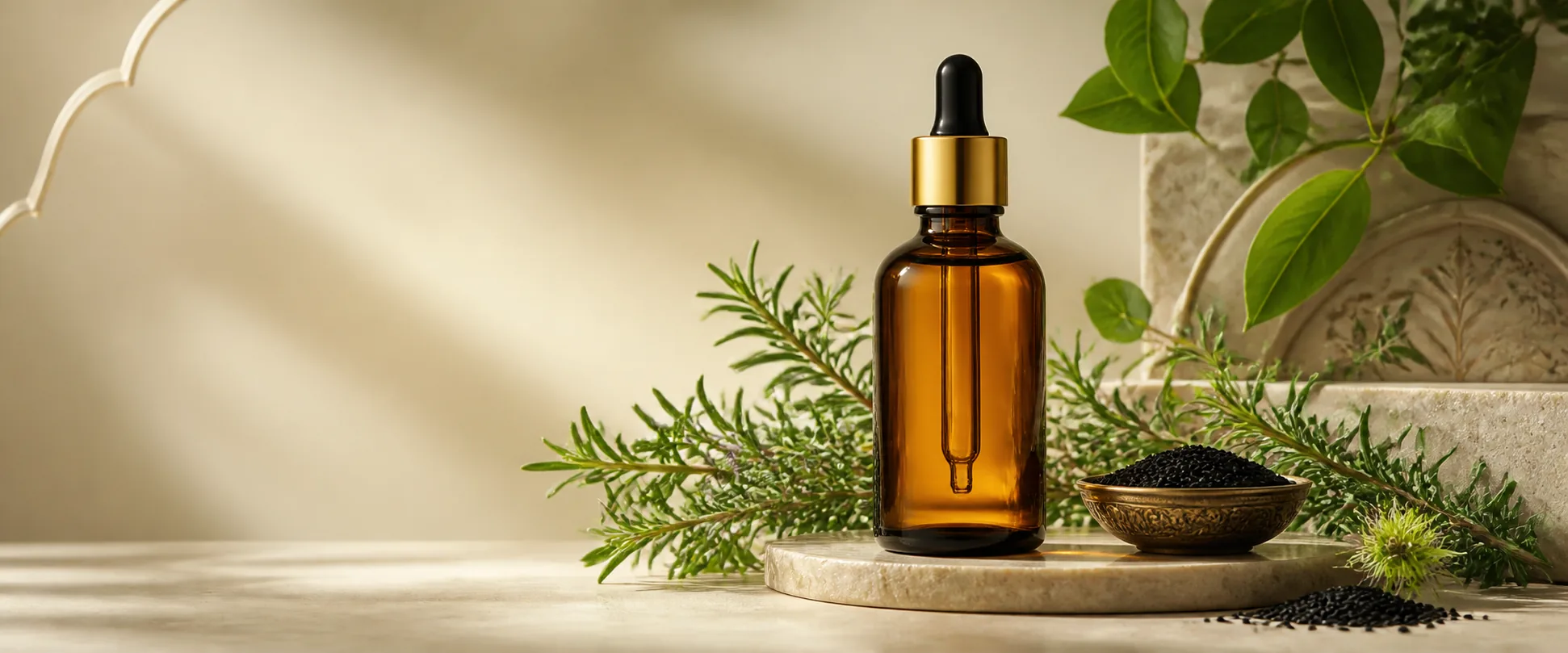 روغن گیاهی در کنار رزماری و سیاه‌دانه